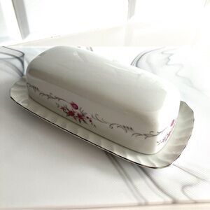 Vintage Chateau Rose Butter Dish Fine China Porcelain pink & grey floral motifs